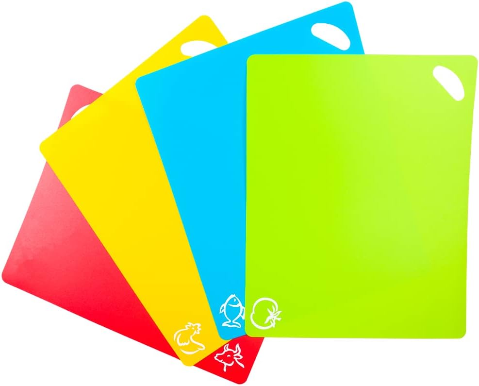 Kimmoker Flexible Cutting Boards Set, Cutting Board Mats for Cooking, Colored Cutting Board Set with Easy-Grip Handles, Flexible Plastic Cutting Sheet Set of 4 (1)