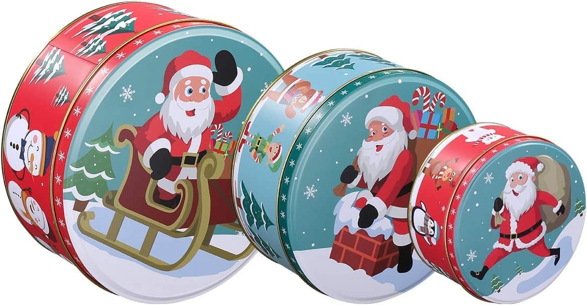HEMOTON Premium Christmas Tinplate Cookie Tins Set of 3 - Decorative Cookie Gift Tins, Candies Biscuits Treat Boxes Small Gift Case