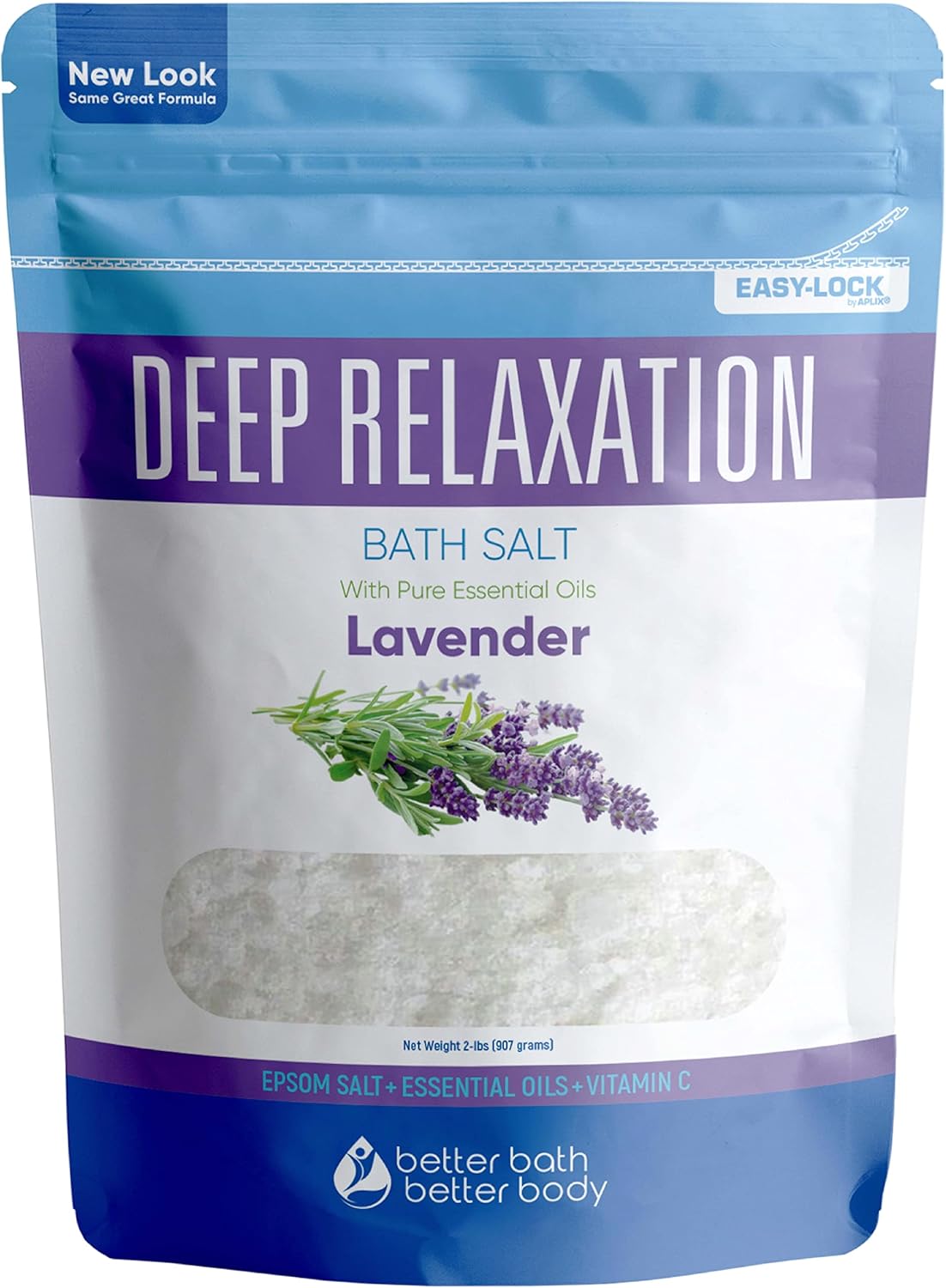 Deep Relaxation Bath Salt 32 Ounces Epsom Salt with Natural Lavender Essential Oil Plus Vitamin C in BPA Free Pouch with Easy Press-Lock Seal