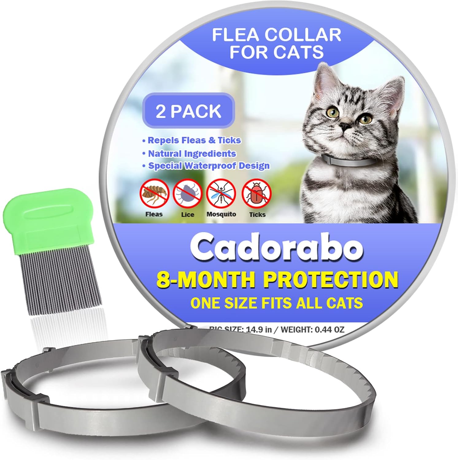 Cadorabo Flea and Tick Collar for Cats Kittens, 8 Months of Cat Flea Collar Protection 2 Collars Made with Premium Plant Based Essential Oil Waterproof and Natural Treatment Prevention Free Comb