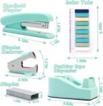 Green Office Supplies,UPIHO Teal Desk Accessories,Stapler and Tape Dispenser Set for Women with Stapler,Tape Dispenser,Staple Remover, Staples, Clips, Scissor and Tabs for Students, Office Clerks - Image 2