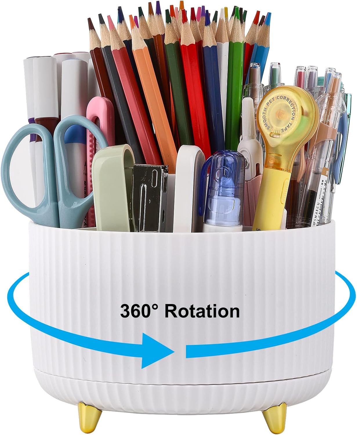 XHEHOY Pencil Pen Holder for Desk, 360 Degree Rotating Desk Organizers with 5 Slots, Cute Pen Cup for Office, School, Home and Art Supply, Desktop Storage Stationery Supplies Organizer, White