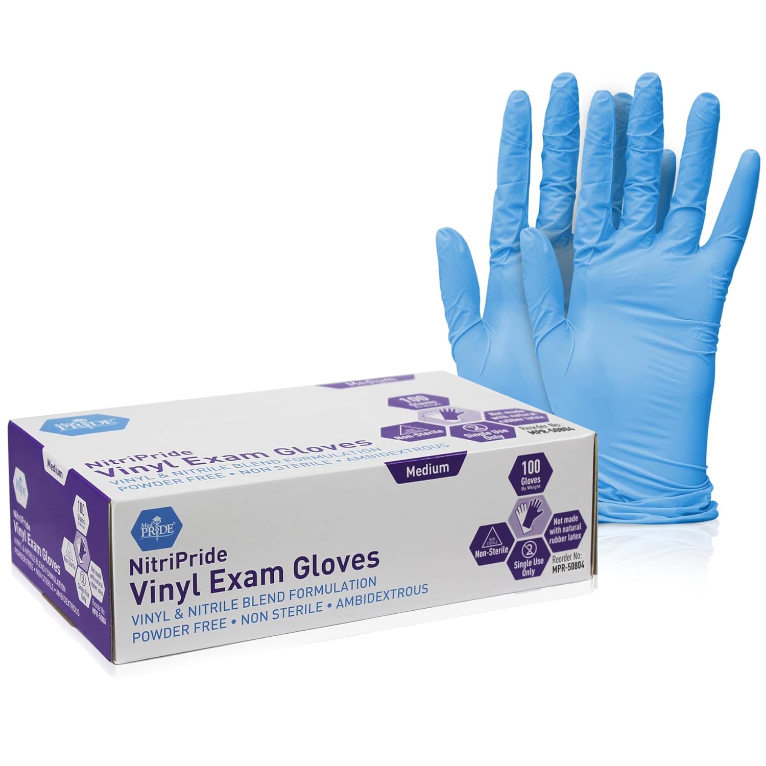 Med PRIDE NitriPride Nitrile-Vinyl Blend Exam Gloves, Medium 100 - Powder Free, Latex Free & Rubber Free - Single Use Non-Sterile Protective Gloves for Medical Use, Cooking, Cleaning & More