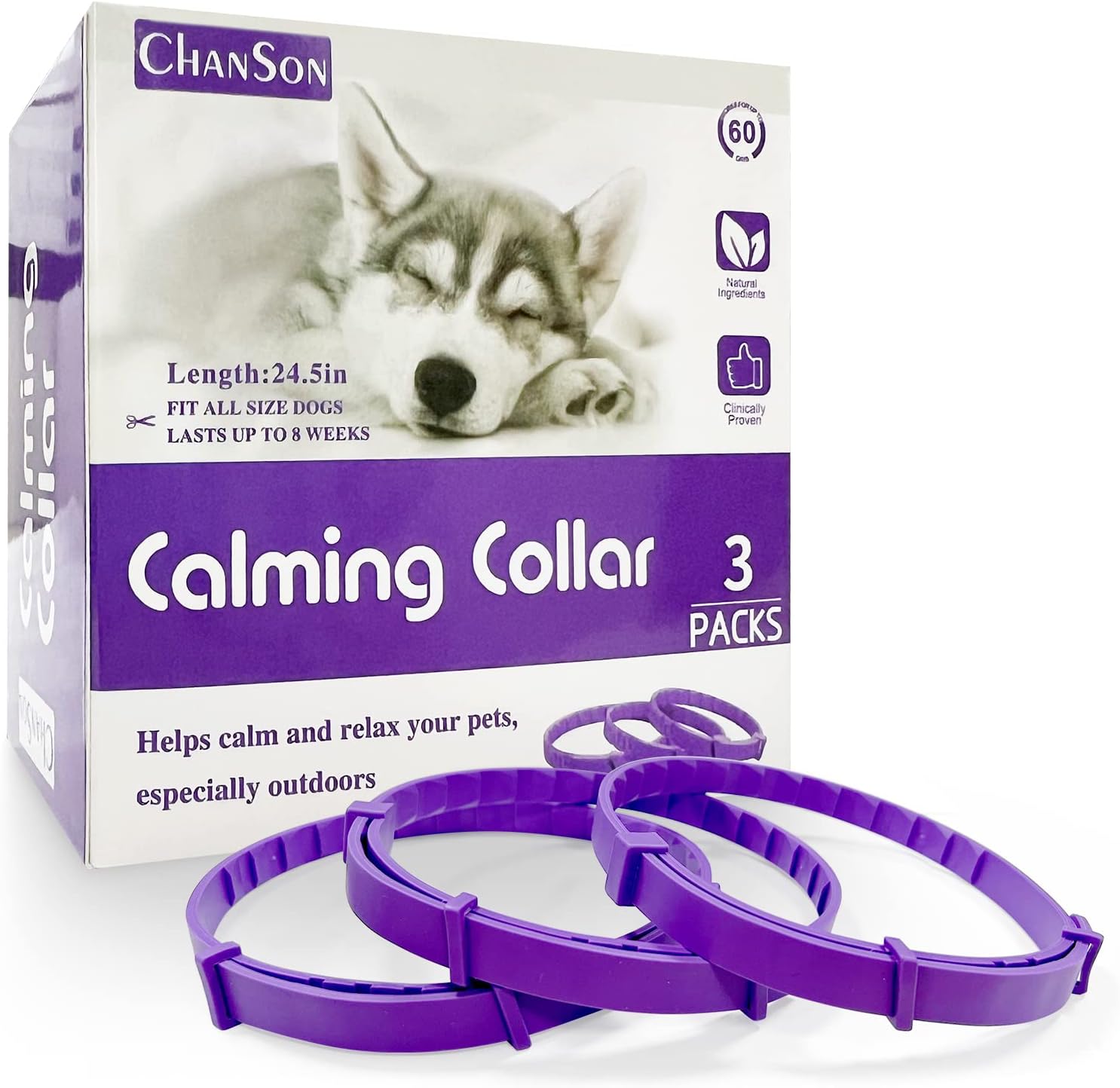 Calming Collar for Dogs 3 Packs, Dog Anxiety Relief, Pheromone Dog Calming Collar, Adjustable Relax Comfortable Collar Separation Design for All Small, Medium, and Large Dogs (Purple)