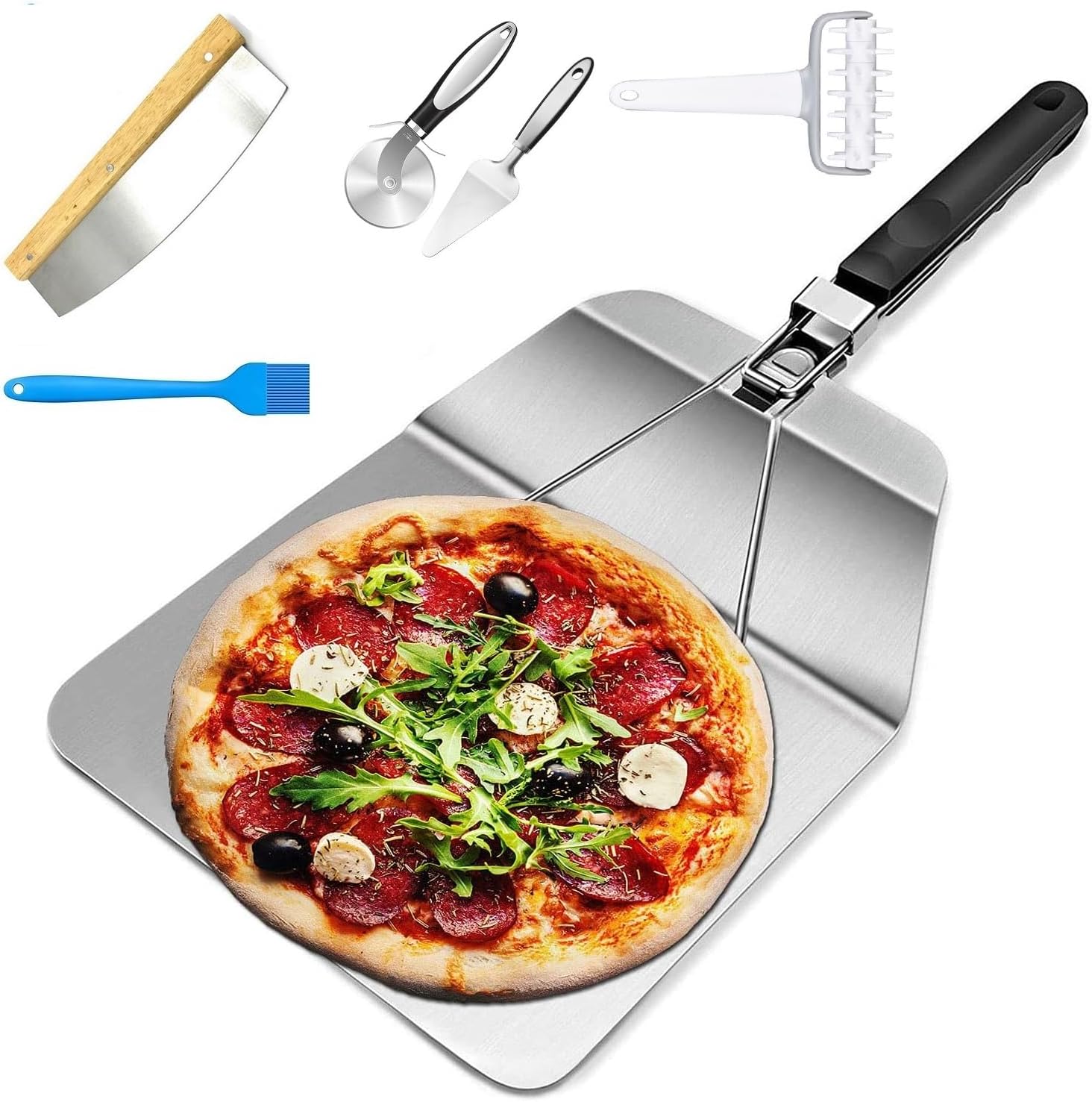Pizza Making Kit (6 Pc Set) with 14 inch Pizza Cutter, Folding Pizza Peel, Cutter Rocker, Pizza Server, Cutter Wheel, Dough Docker, Oil Brush - DIY Homemade Pizza Oven Accessories & Tools