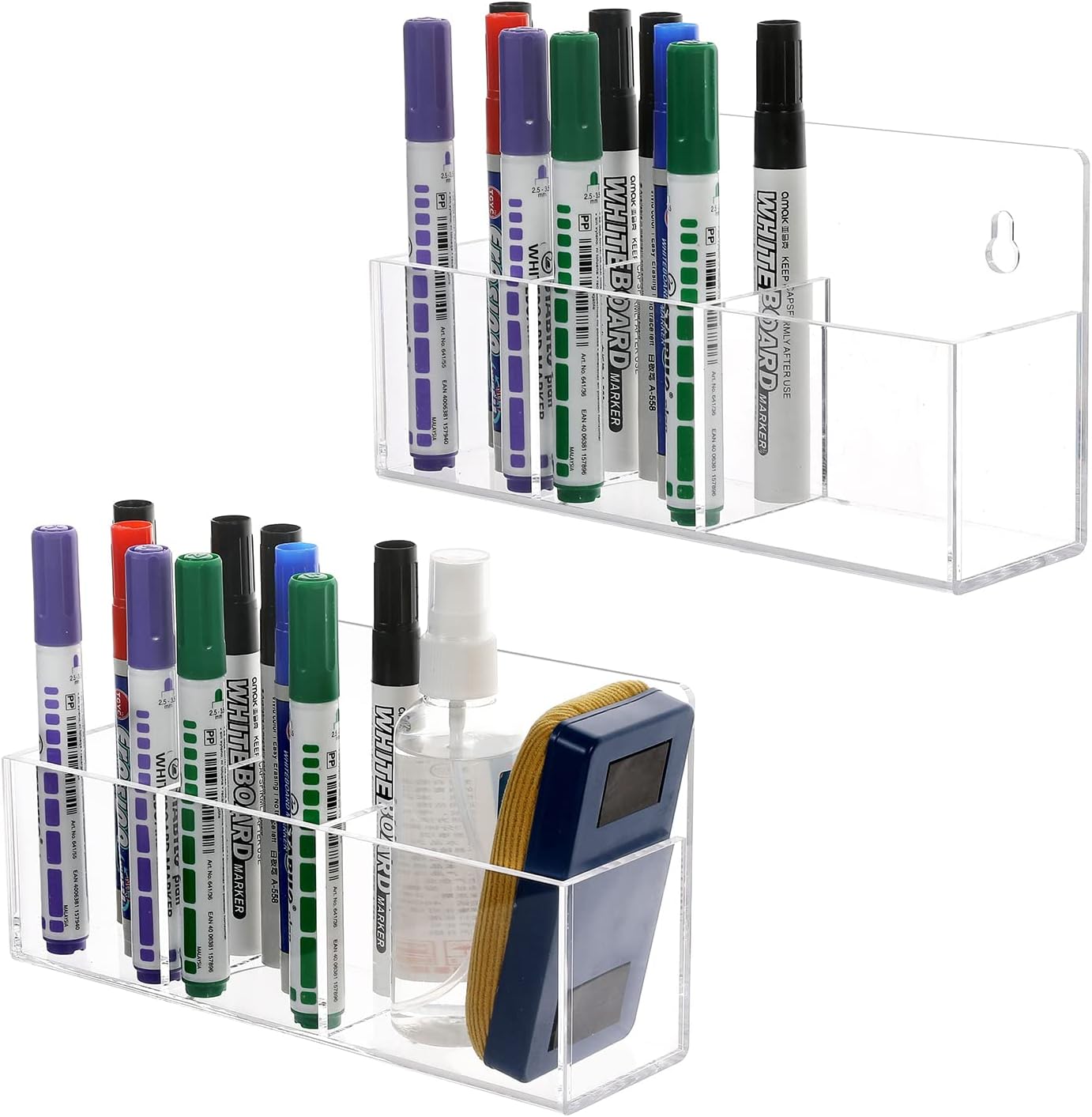 MyGift Premium Clear Acrylic Wall Mounted Dry Erase Marker and Eraser Holder Rack with 3 Compartments, Office Supplies Holder Whiteboard Accessories Storage Rack, Set of 2