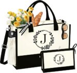 QLOVEA Initial Canvas Beach Tote Bag with Makeup Bag, Personalized Gifts for Women Mom Friends Teacher Bridesmaid Sister