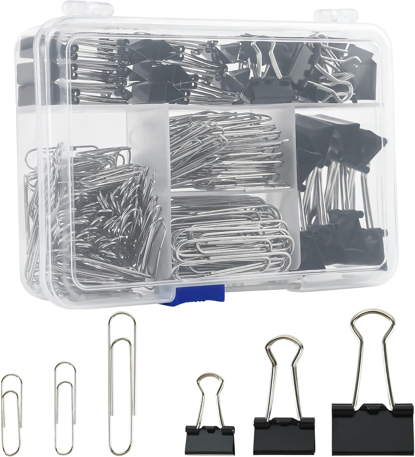 Binder Clips Paper Clips, 340pcs Black Binder Clips Sliver Paperclips Set, Paper Clamps for Office, School Supplies, Assorted Sizes Large, Medium, Small Metal Clips in Container with Compartments