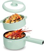 HYTRIC Electric Pot with Steamer New Upgrade, 1.5L Portable Nonstick Frying Pan, Electric Cooker for Steak, Egg, Pasta, Ramen Cooker with Dual Power Control, Mini Pot for Dorm, Office, Green