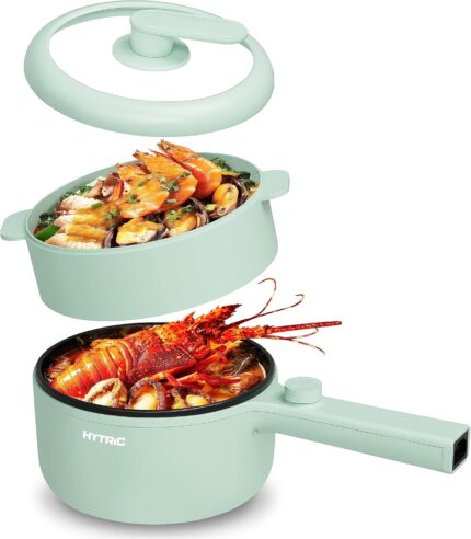 HYTRIC Electric Pot with Steamer New Upgrade, 1.5L Portable Nonstick Frying Pan, Electric Cooker for Steak, Egg, Pasta, Ramen Cooker with Dual Power Control, Mini Pot for Dorm, Office, Green