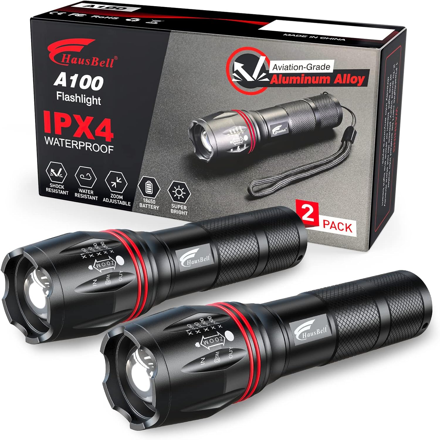 HAUSBELL LED Flashlight 2Pack High Lumens,Bright, Zoomable, Waterproof, Powerful, Emergency Tactical A100 LED Flashlights for Home and 5 Modes, Flashlight for Camping Gear?Hiking?Walking?2Pack?