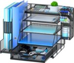 Egepon Office Desk Organizer with Vertical File Folder Holders 5-Tier Paper Letter Tray with Drawer and Hanging Pen Holder Multifunction Office Supplies and Accessories for Office School Home
